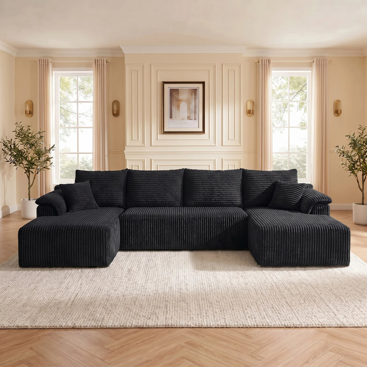Oversized Vertical Striped Corduroy Modular Sofa, Freely Combinable U-Shaped Corner Sectional with Chaise Lounge, Luxury Cloud Deep Seat Fabric Couch, No Assembly Lazy Sofa with Throw Pillows for Living Room & Apartment, Idea