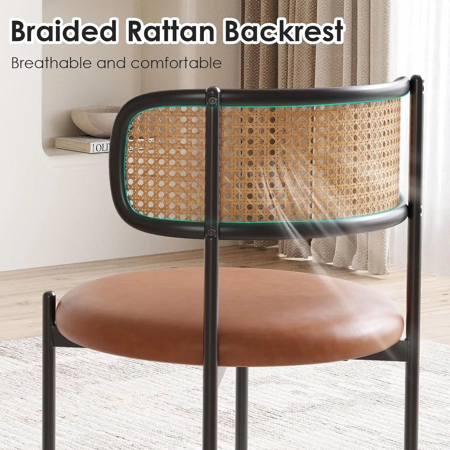 FARINI PU Leather Dining Chairs With Woven Rattan Back And Metal Legs