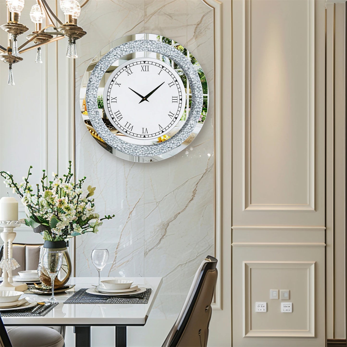 Round Mirror Clock With Crystals For Elegant Wall Decor