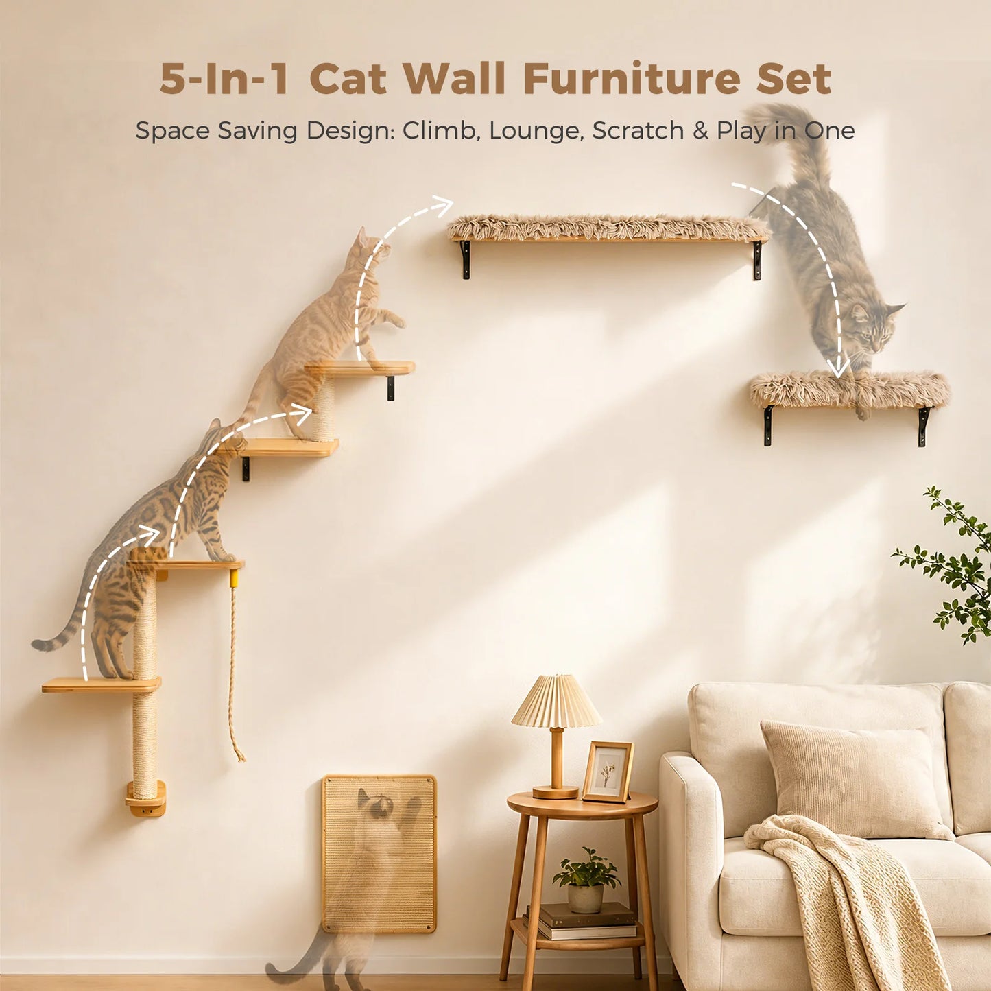 Wooden Cat Climbing Wall Shelves 5-in-1 Cat Wall Furniture with Perches Sisal Scratching Posts & Scratcher Pads Climbing Ropes Modern Climbing Set for Indoor Cats Accessories Cat Toys