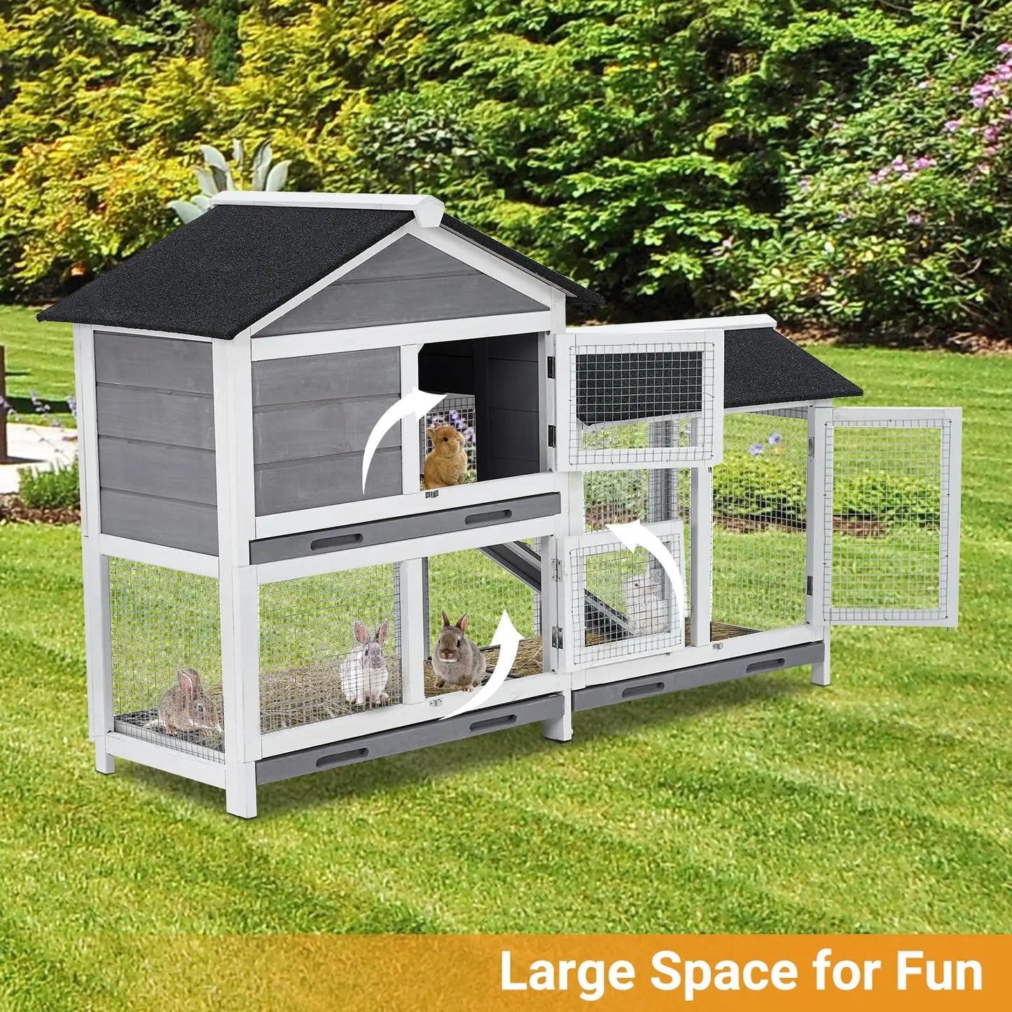 63in Bunny Hutch Indoor, Wooden Rabbit Cage 2-Tier With 3 Removable Trays, Waterproof Roof Bunny House Outdoor Coop