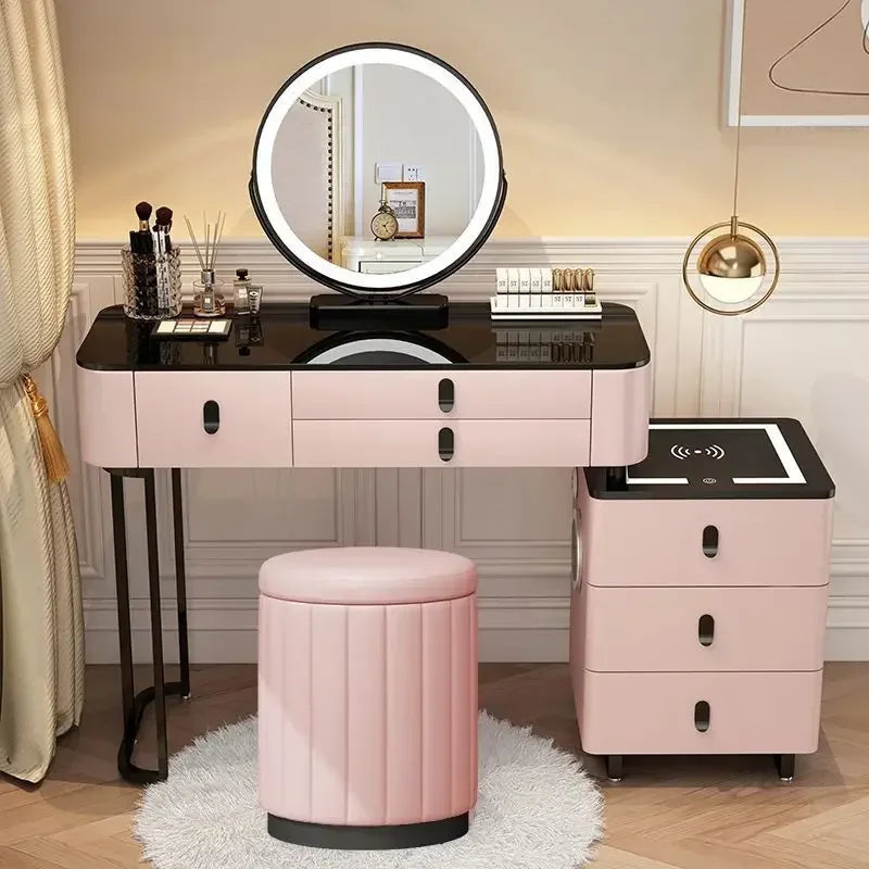 Modern Wooden Makeup Vanity With Wireless Charging And LED Mirror