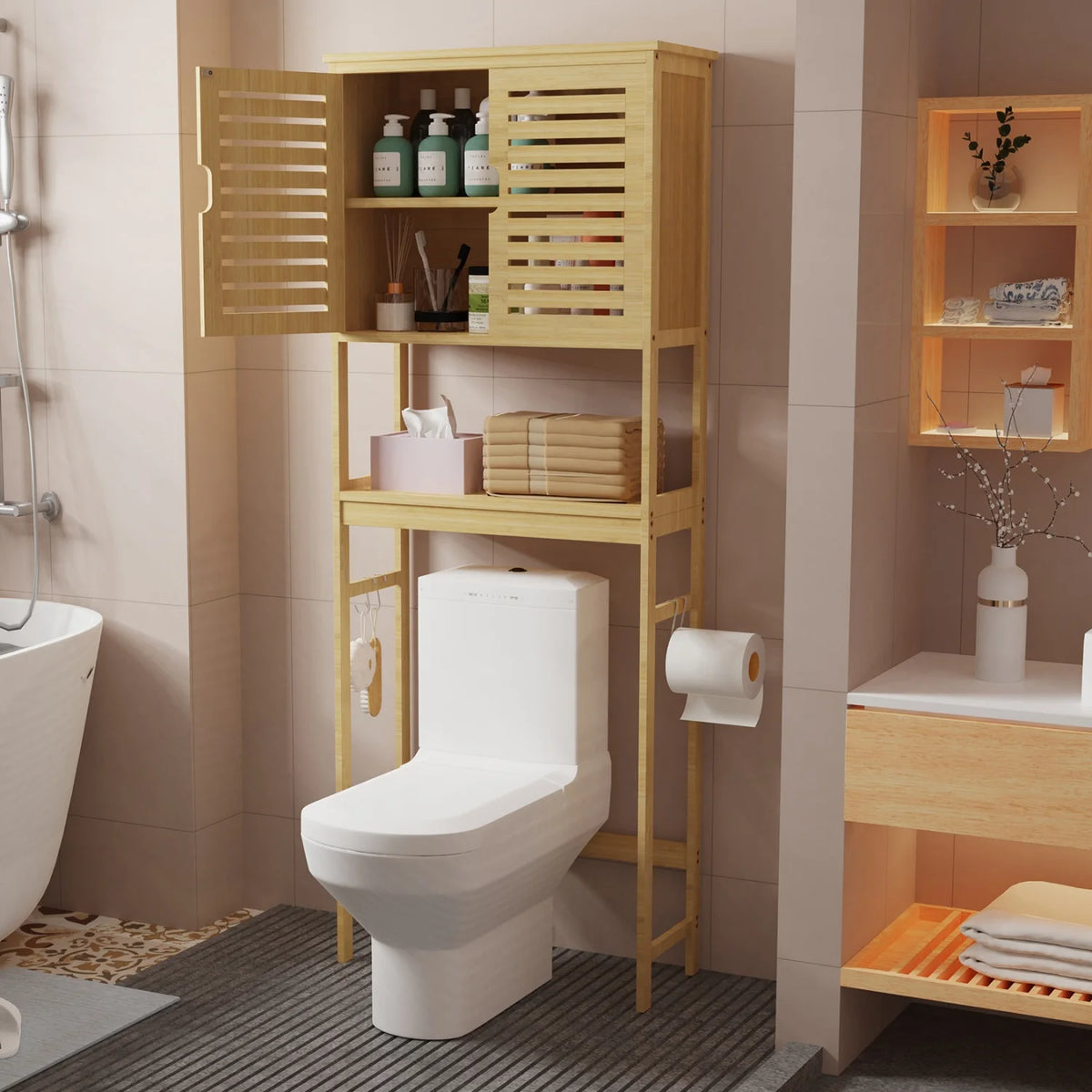 Natural Bamboo Over The Toilet Storage Rack Three Tier Shelves