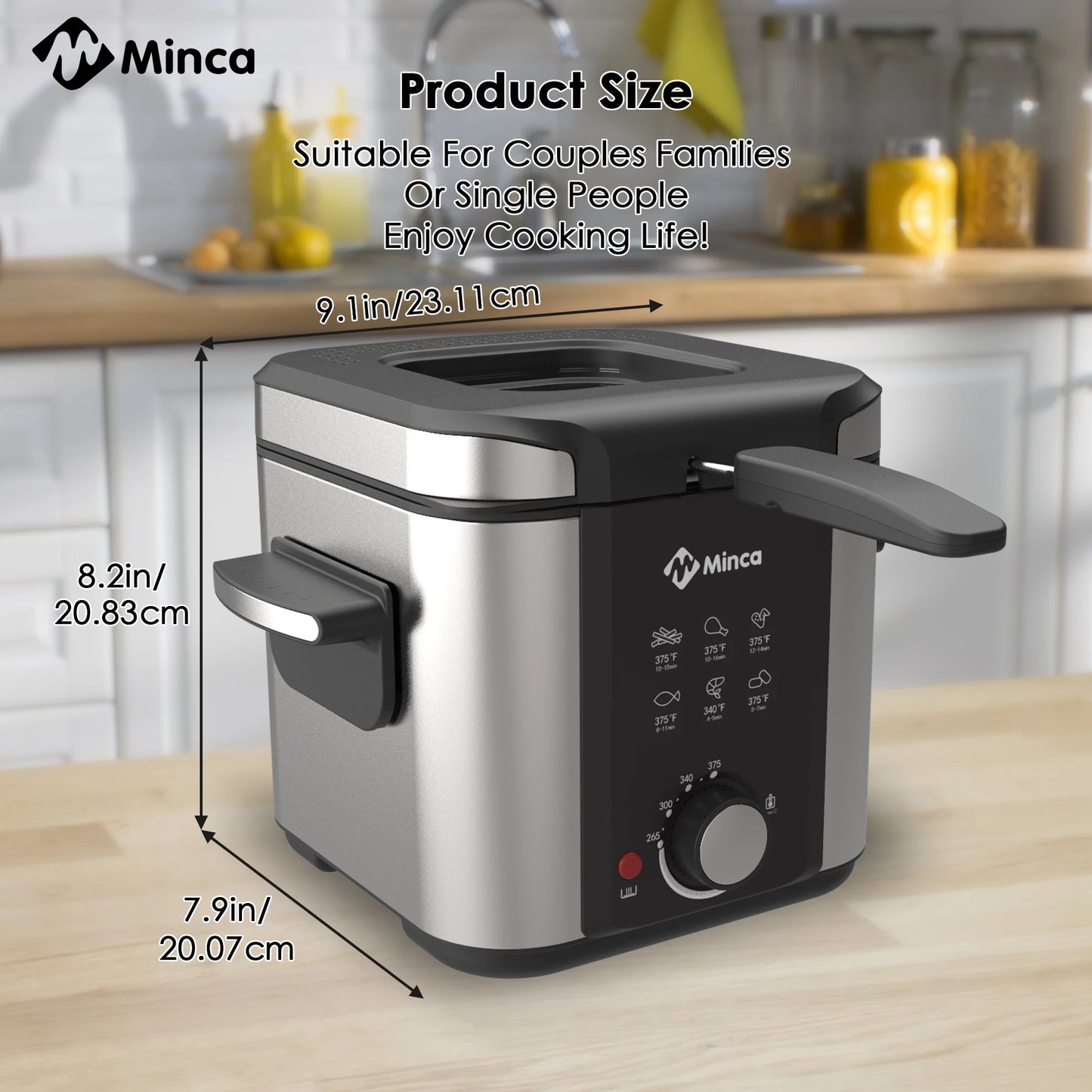 Minca 1.5L Electric Deep Fryer with Viewing Window, Adjustable Temp, Removable Basket, Stainless Steel Body & Cool-Touch Handle