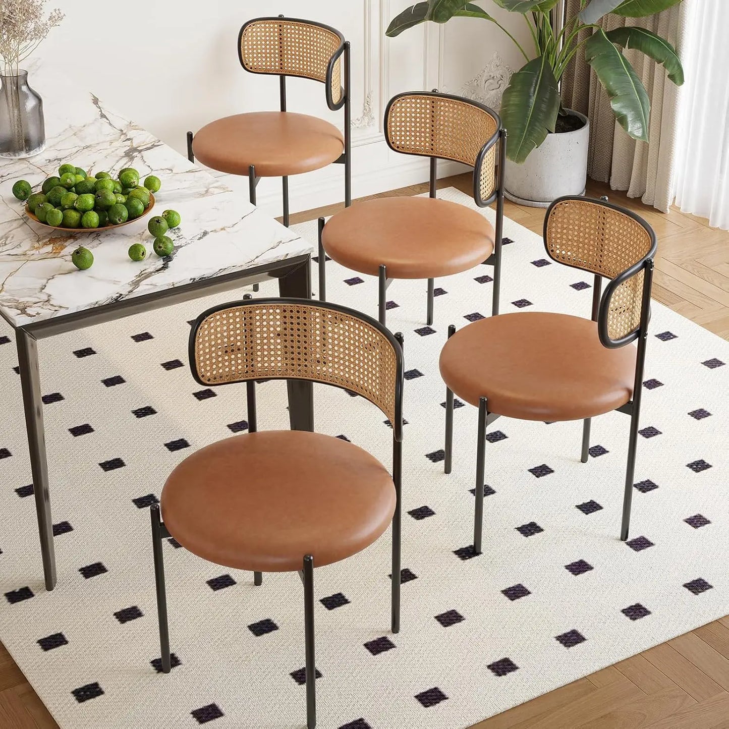 FARINI PU Leather Dining Chairs With Woven Rattan Back And Metal Legs