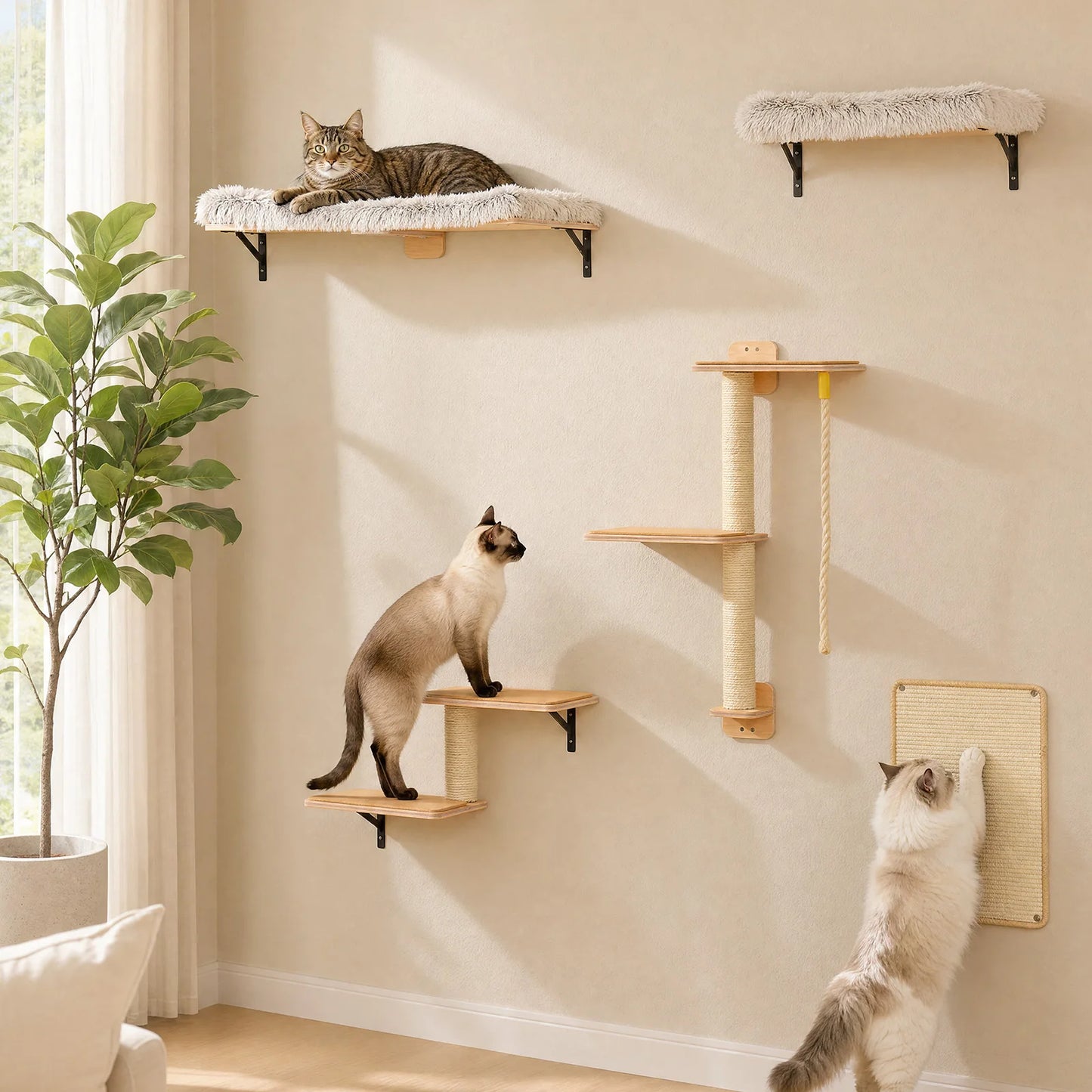 Wooden Cat Climbing Wall Shelves 5-in-1 Cat Wall Furniture with Perches Sisal Scratching Posts & Scratcher Pads Climbing Ropes Modern Climbing Set for Indoor Cats Accessories Cat Toys