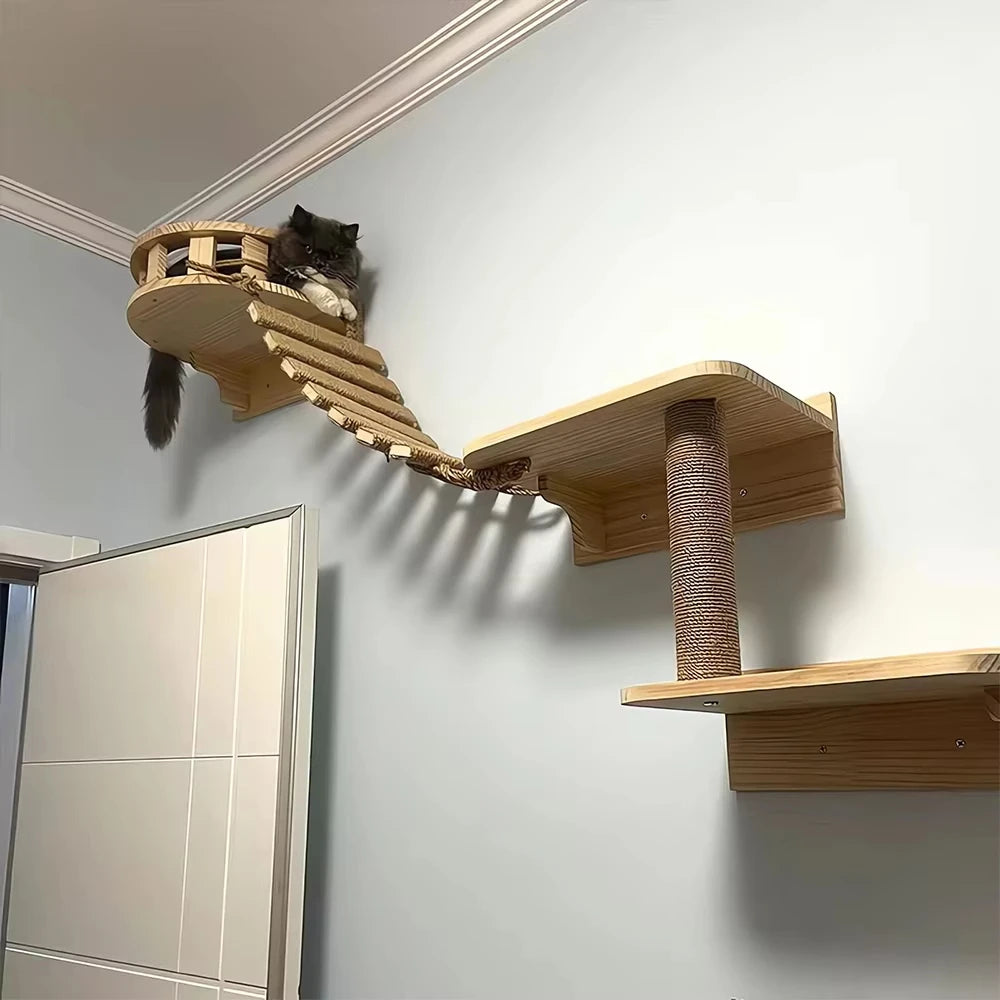 Wooden Cat Bridge For Cage With Sisal Rope Ladder Scratcher
