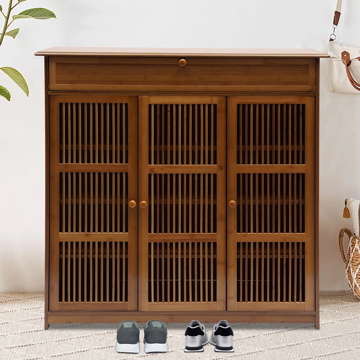 Eco-friendly Bamboo Shoe Rack with Drawer and Top Shelf – Large Capacity, Modern Design