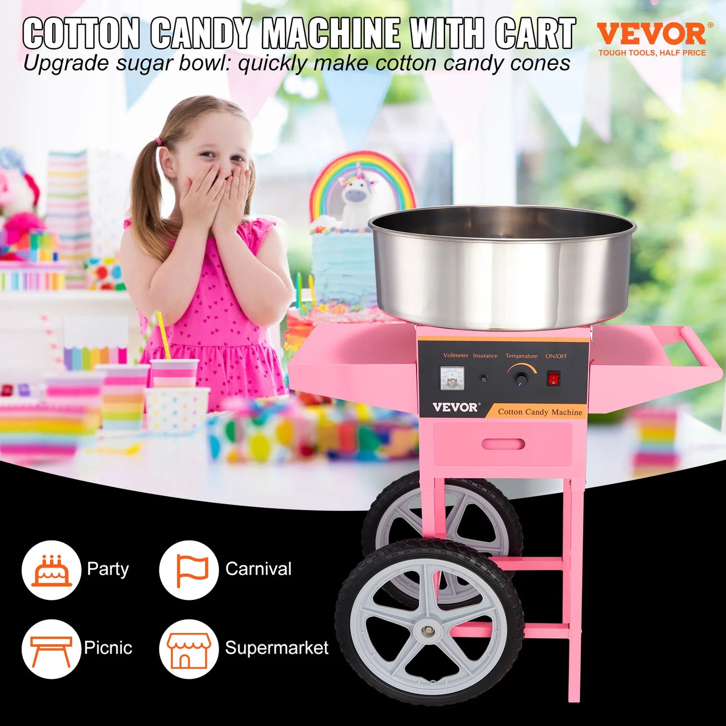 Succebuy 1000W Electric Cotton Candy Machine With Cart Stainless Bowl