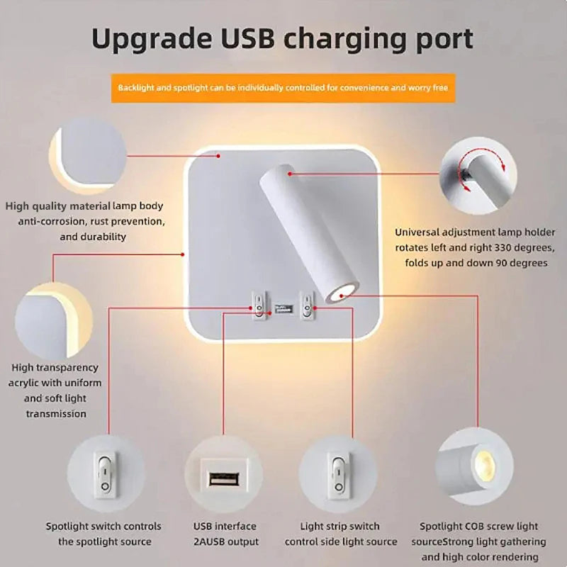 Bedside Reading Wall Lamp Nordic Modern LED Wall Light With Switch USB Indoor Lighting Room Decor For Bedroom Living Room Sconce