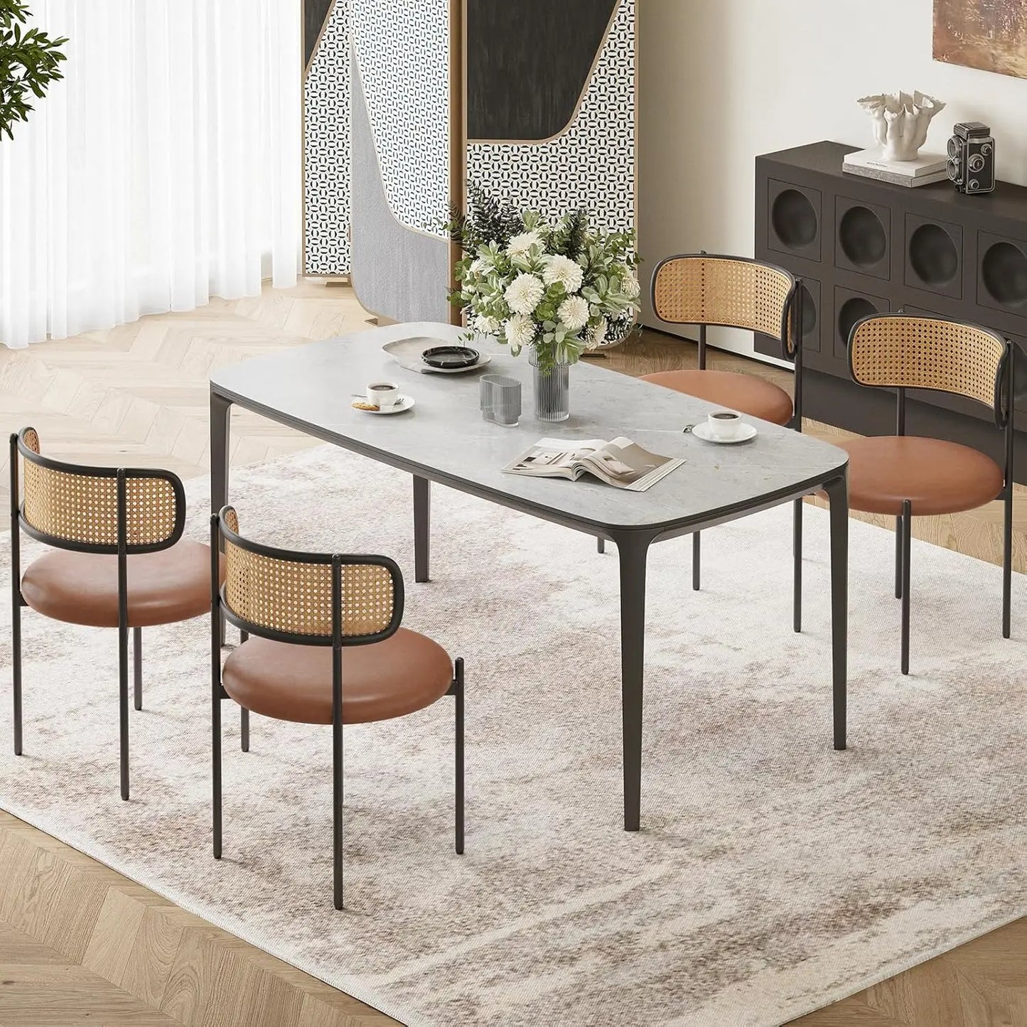 FARINI PU Leather Dining Chairs With Woven Rattan Back And Metal Legs