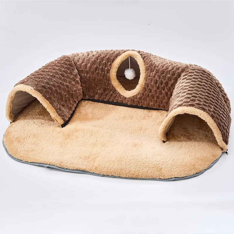 3-in-1 Cat Tunnel Bed, Convertible Play Tunnel & Warm Nest with Non-Slip Bottom, Cozy Plush Pet Mat for Cats, Rabbits