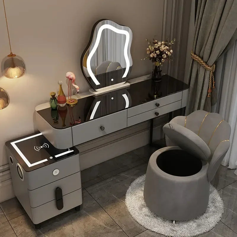 Luxury Glass Vanity Table With Smart Wireless Charging Led Mirror