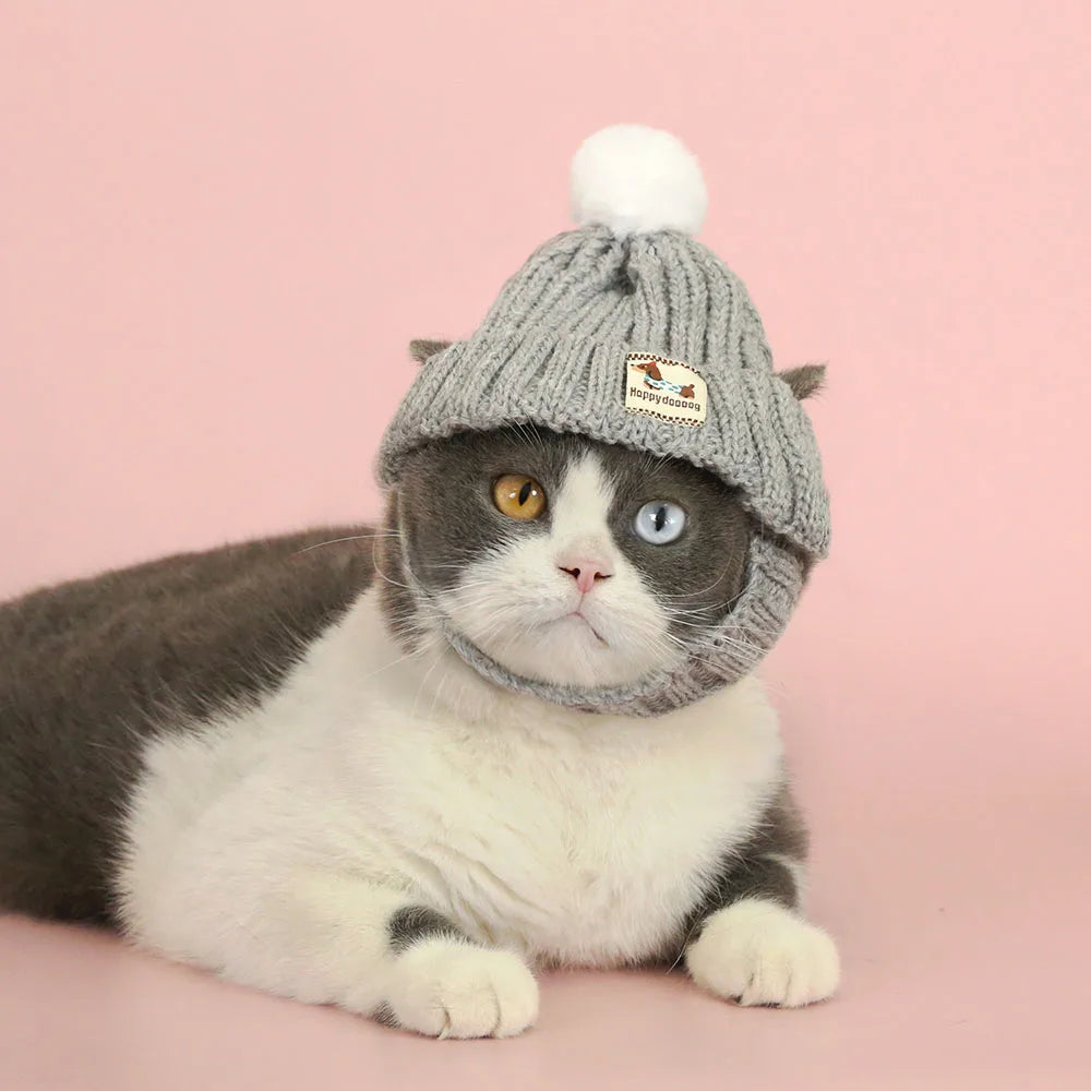 Christmas Knit Hats for Dogs and Cats Puppy Caps Winter Knitted Beanies Hats with Faux Fur Pom Warm Knit Doggie Cap Pet Supplies