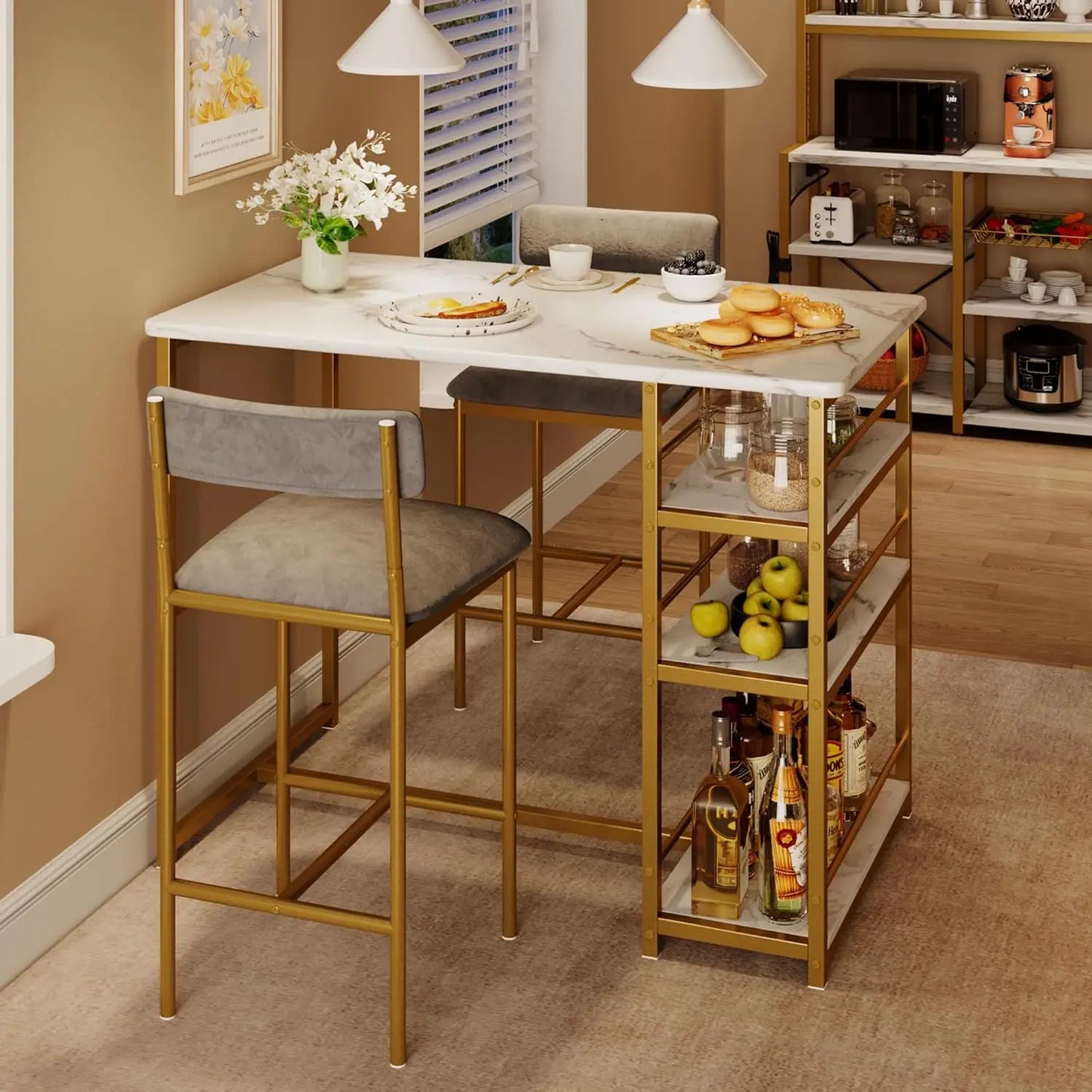 3 Piece Modern Bar Table Set for 2, Space Saving Counter Height Dining Table with Storage Shelves & Upholstered Chairs, Dining Room Furniture for Breakfast Nook Kitchen, Gold