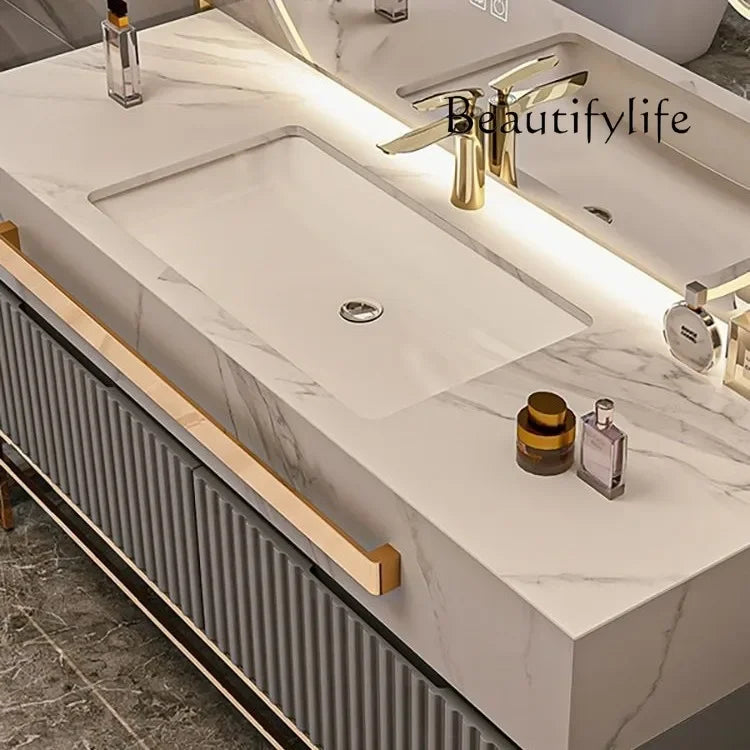 Luxury Bathroom Vanity Cabinet With Smart Led Rock Slab Countertop