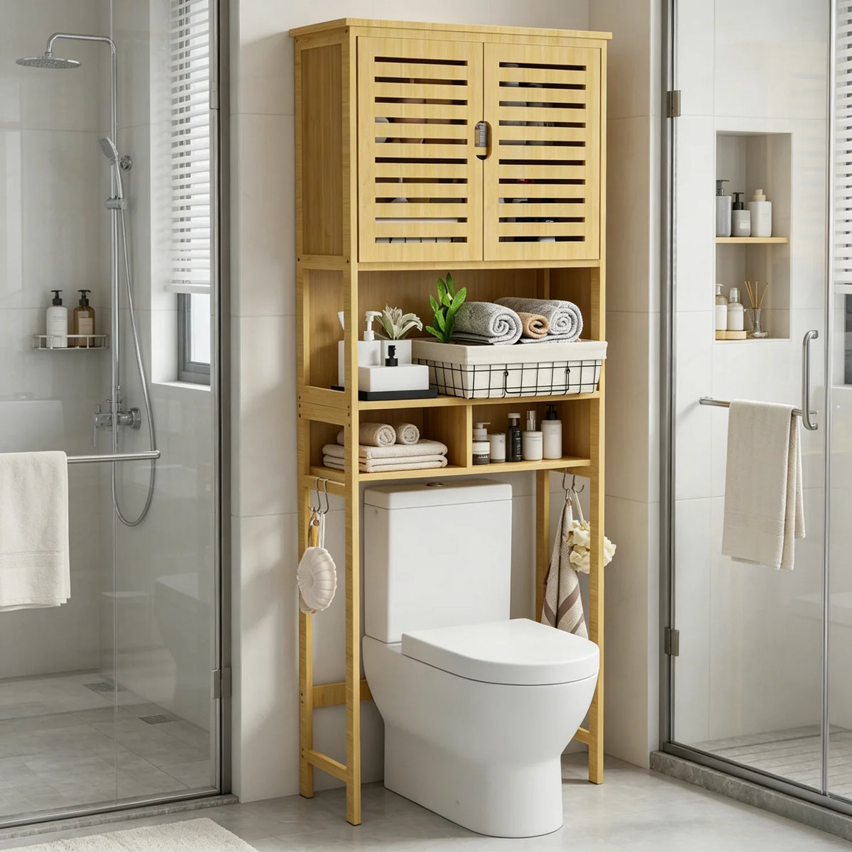 Natural Bamboo Over The Toilet Storage Rack Three Tier Shelves
