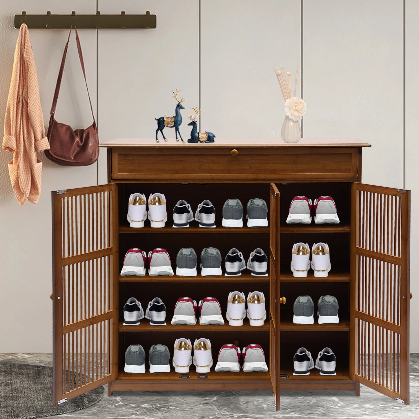 Eco-friendly Bamboo Shoe Rack with Drawer and Top Shelf – Large Capacity, Modern Design