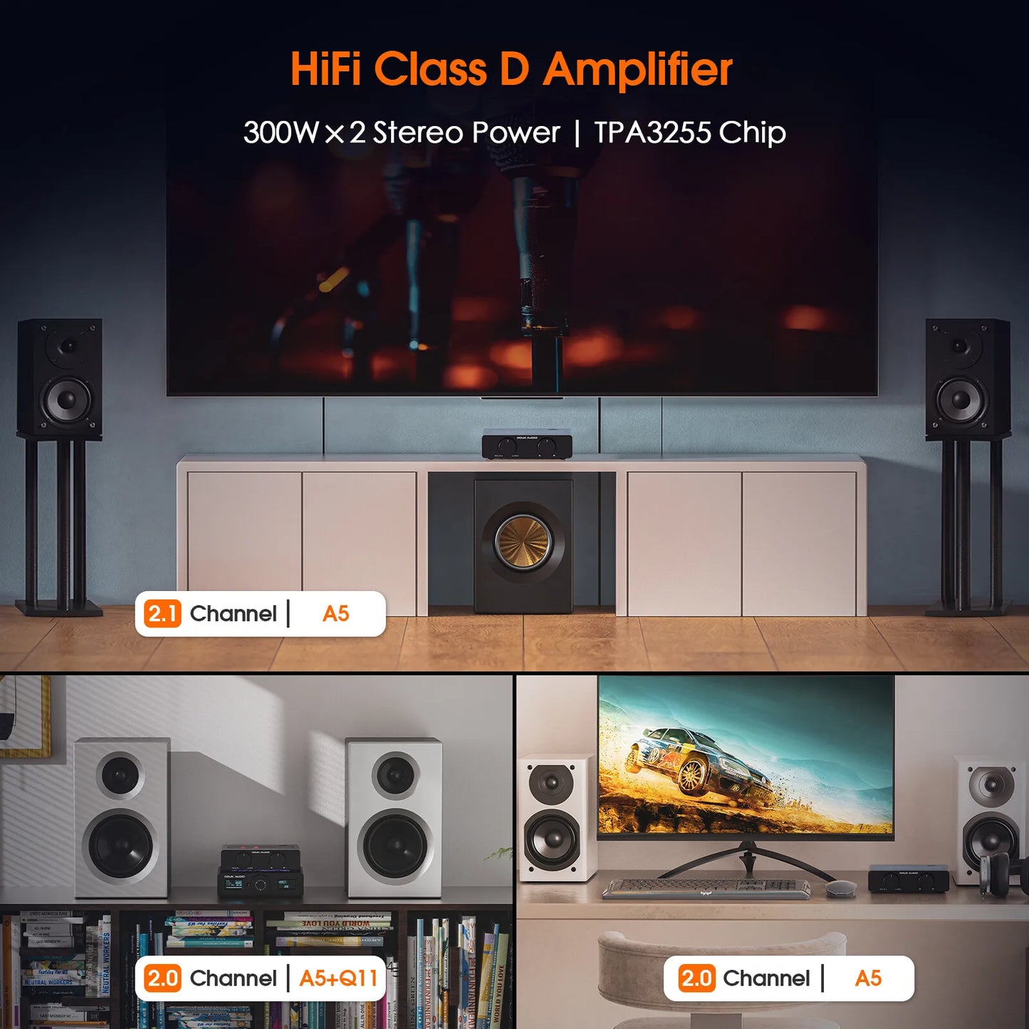 Nobsound A5 TPA3255 Stereo Amp HiFi Audio Class D Amplifier High-Pass Filter Home Power Desk Amp 300W with 32V/5A Power Supply