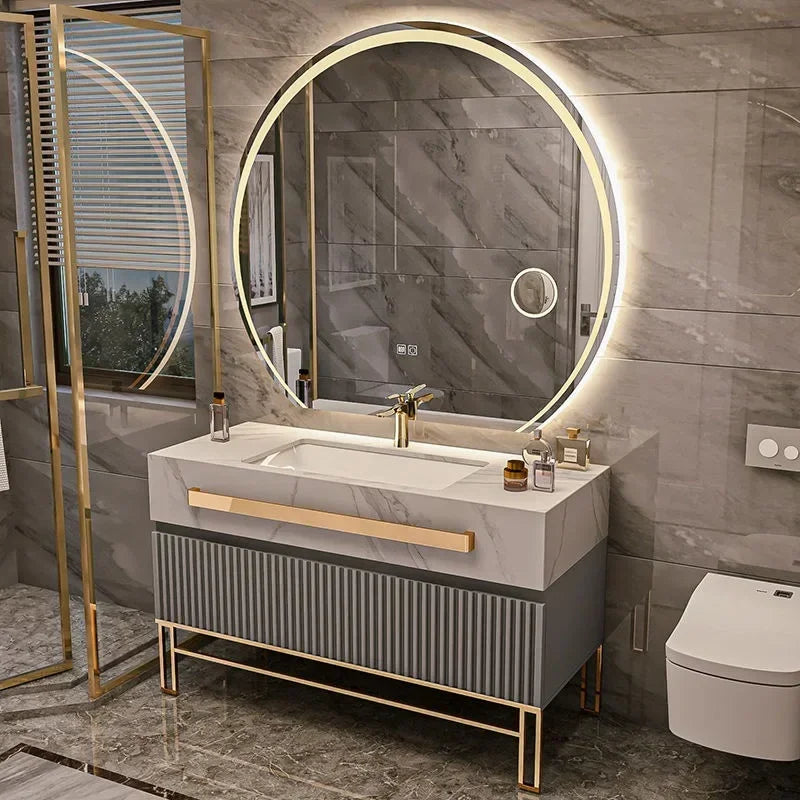 Luxury Bathroom Vanity Cabinet With Smart Led Rock Slab Countertop