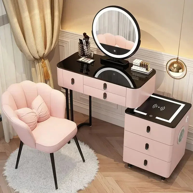 Modern Wooden Makeup Vanity With Wireless Charging And LED Mirror