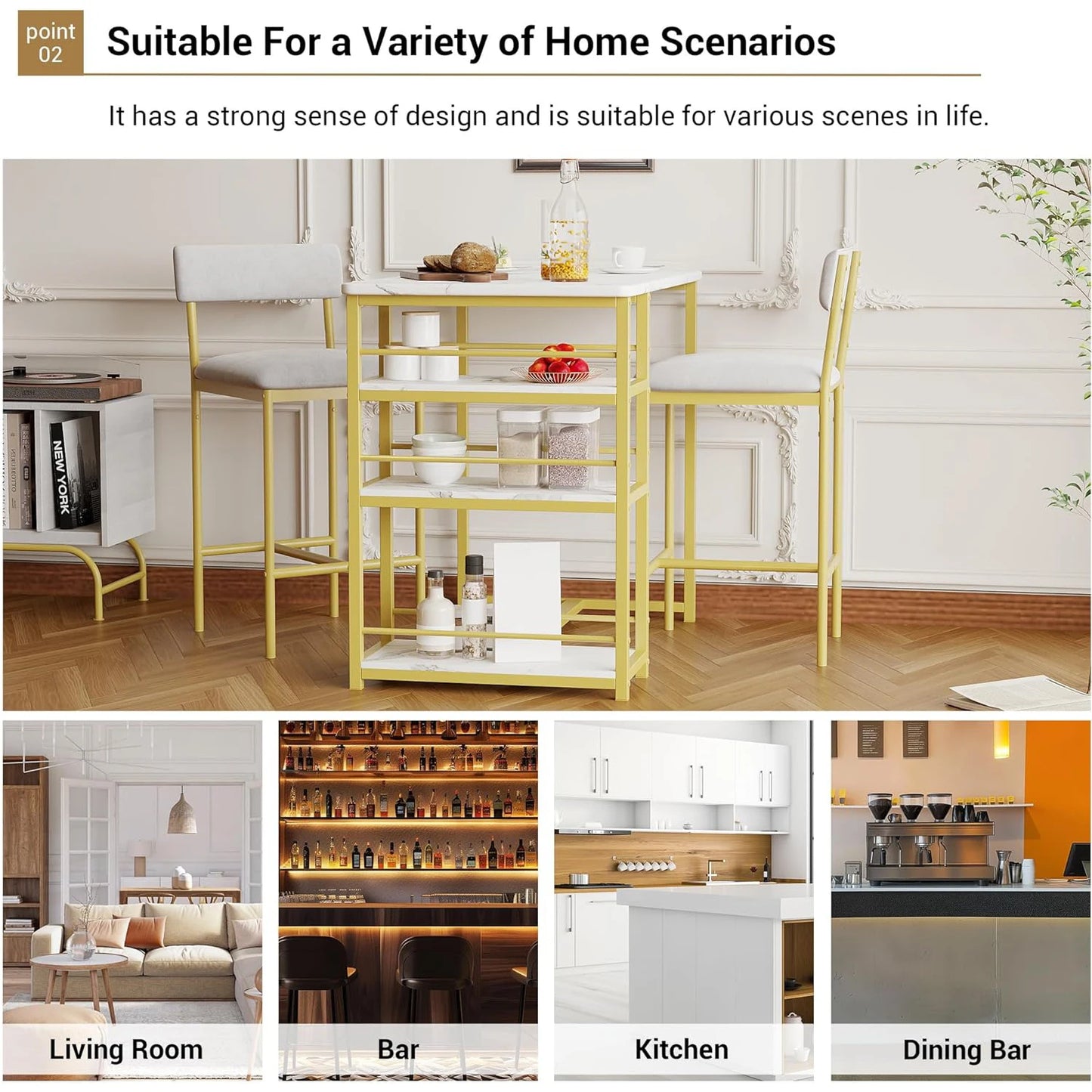 3 Piece Modern Bar Table Set for 2, Space Saving Counter Height Dining Table with Storage Shelves & Upholstered Chairs, Dining Room Furniture for Breakfast Nook Kitchen, Gold