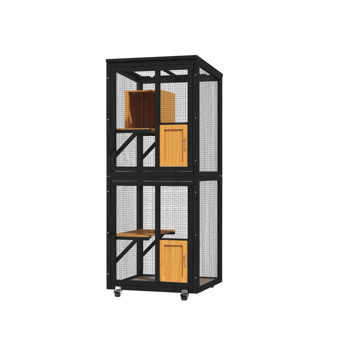 4-Tier Large Outdoor Cat Catio, Cat Enclosure with Wheels, Waterproof Roof, 4 Doors & Resting Box, Grey/Black