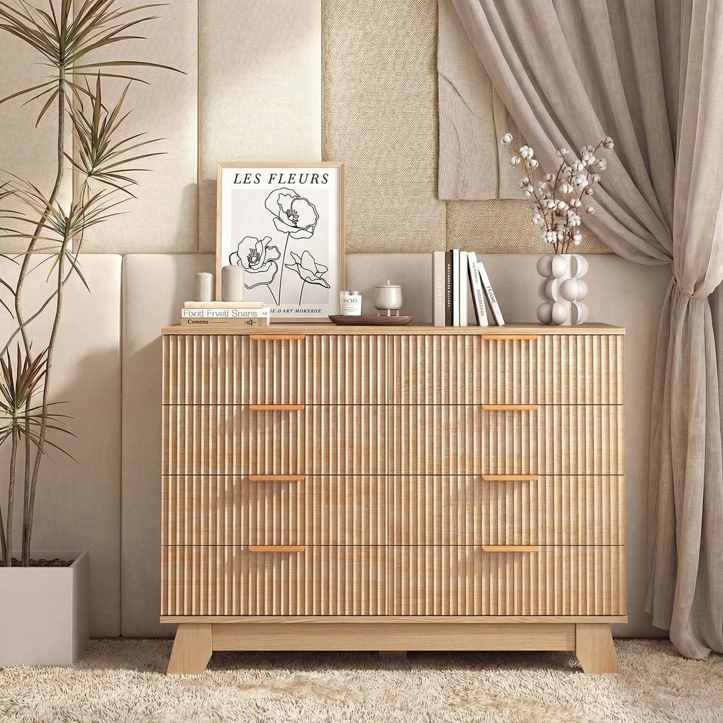JHK 8 Drawer Dresser Fluted Wooden Cabinet Wide Modern Chest of Drawers with Gold Metal Handles Storage Organizer Unit for Living Room Hallway