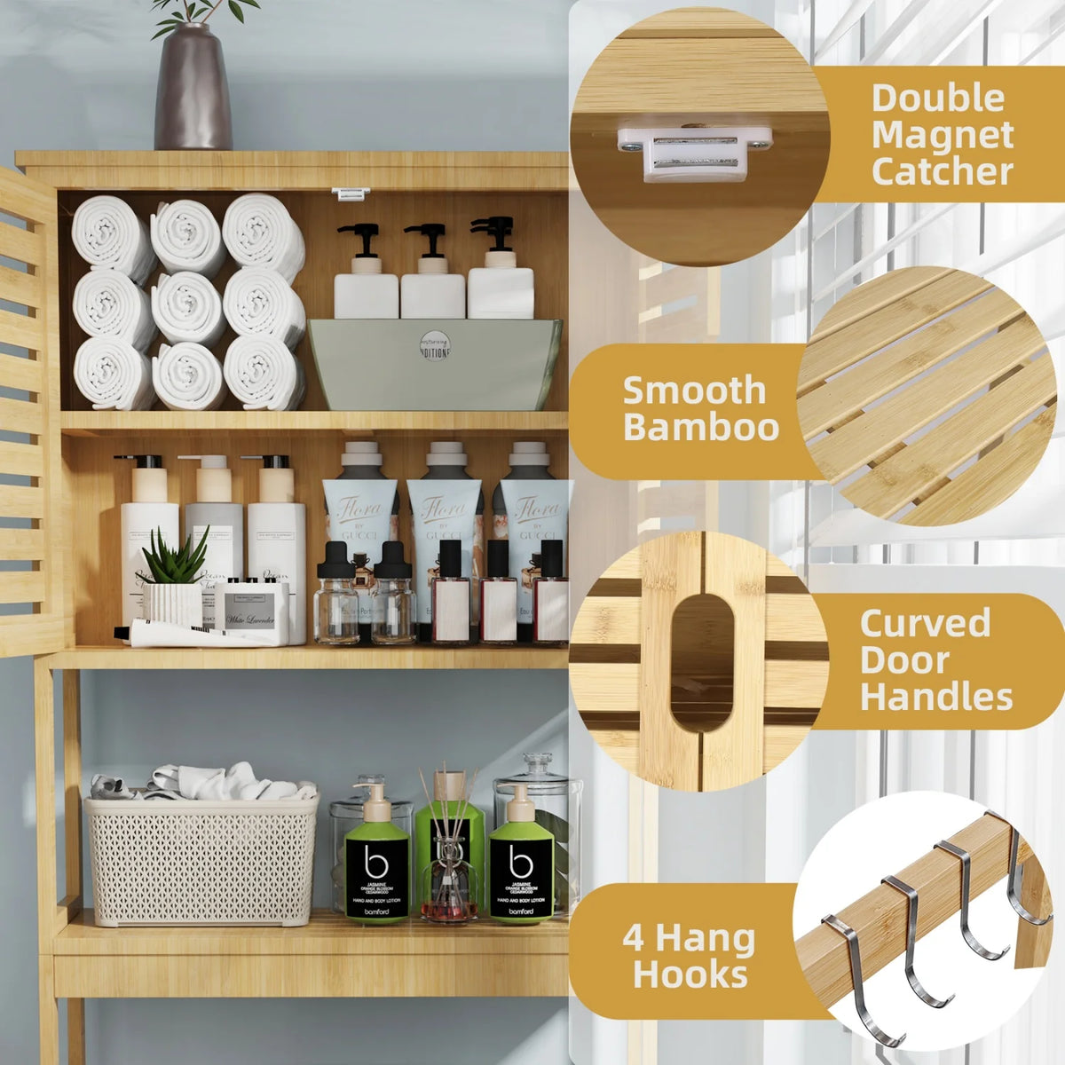 Natural Bamboo Over The Toilet Storage Rack Three Tier Shelves