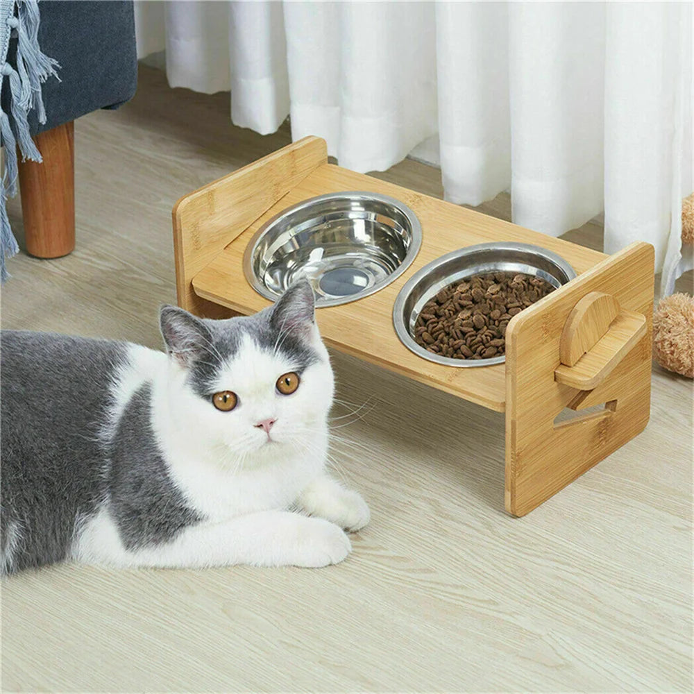 Adjustable Bamboo Elevated Dog Feeding Station With Stainless Steel Bowls