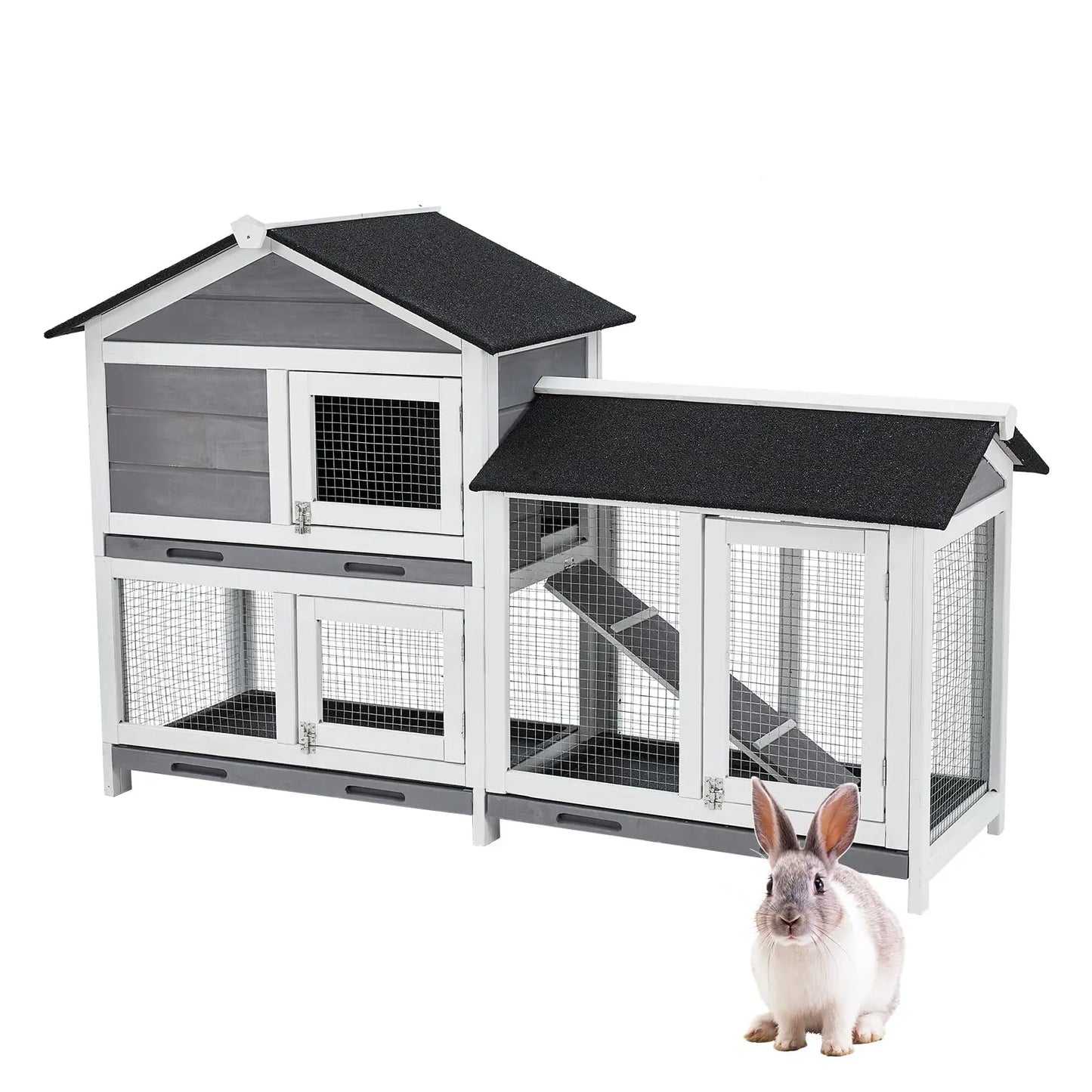 63in Bunny Hutch Indoor, Wooden Rabbit Cage 2-Tier With 3 Removable Trays, Waterproof Roof Bunny House Outdoor Coop