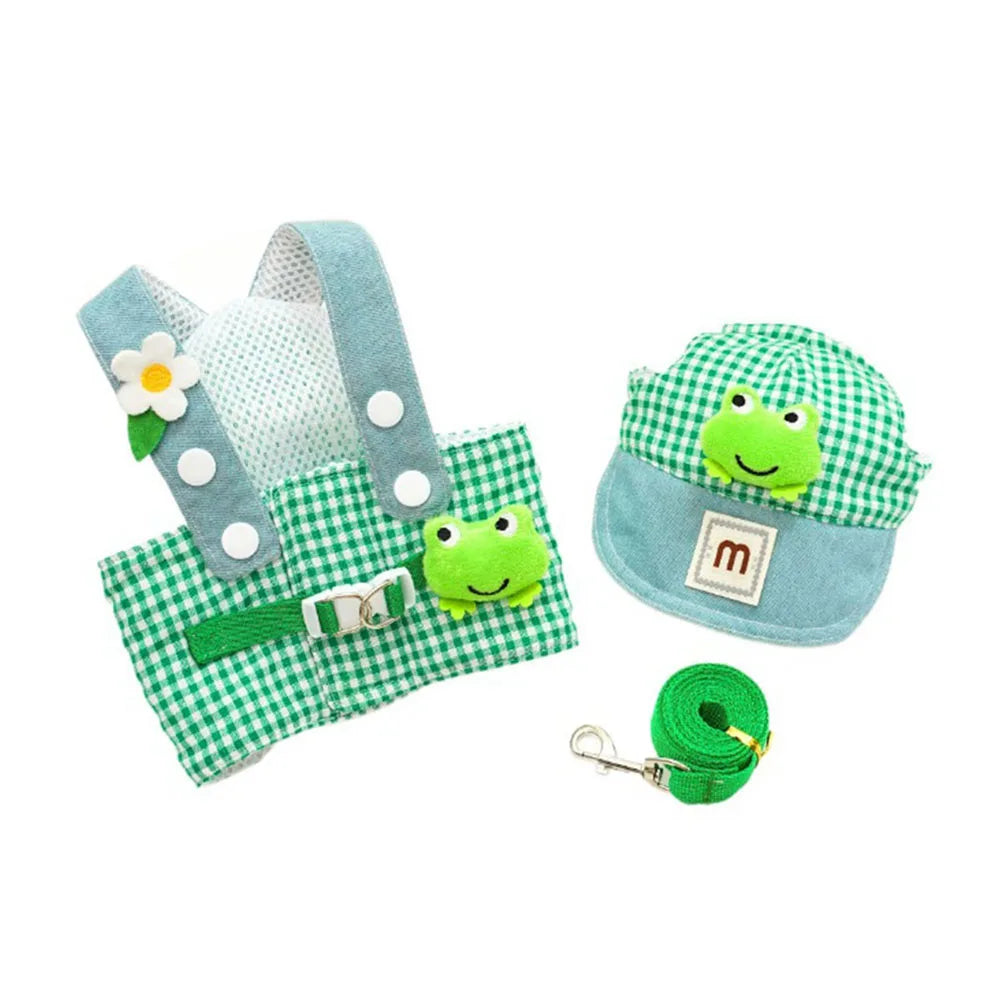 Spring and Summer Outdoor Pet Supplies 3pcs/set Dog Harness Leash Sun Hat for Small Dogs Kitten Cap Frog Bear Fries Pet Clothes