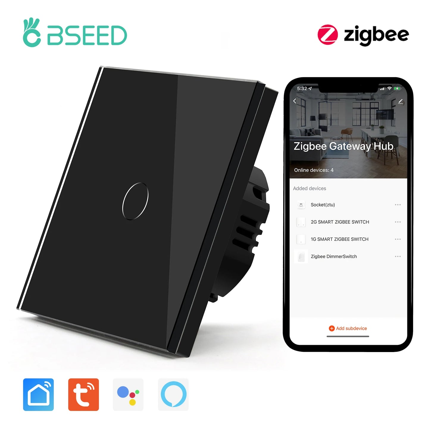 BSEED Zigbee 1/2/3 Gang 1 Way Smart Switch Single Live LED Buttons Glass Panel Work With Google Home EU Touch Switch Smart Life