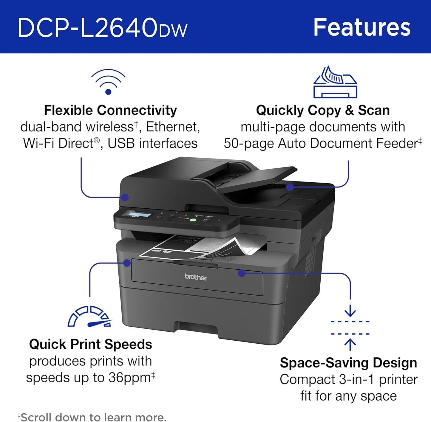 DCP-L2640DW Wireless Compact Monochrome Multi-Function Laser Printer with Copy and Scan