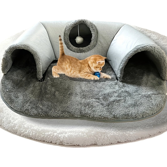 3-in-1 Cat Tunnel Bed, Convertible Play Tunnel & Warm Nest with Non-Slip Bottom, Cozy Plush Pet Mat for Cats, Rabbits