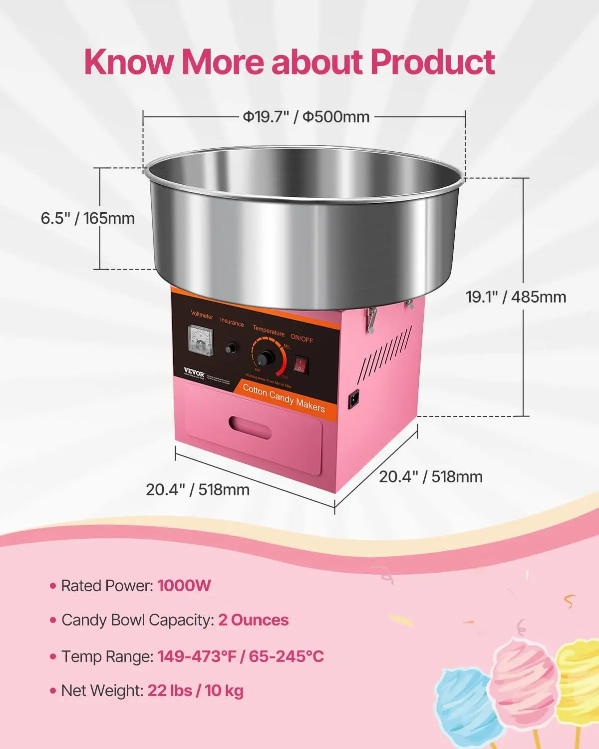 Electric Cotton Candy Machine, 1000W Commercial Floss Maker w/Stainless Steel Bowl, Sugar Scoop and Drawer, Perfect for Home
