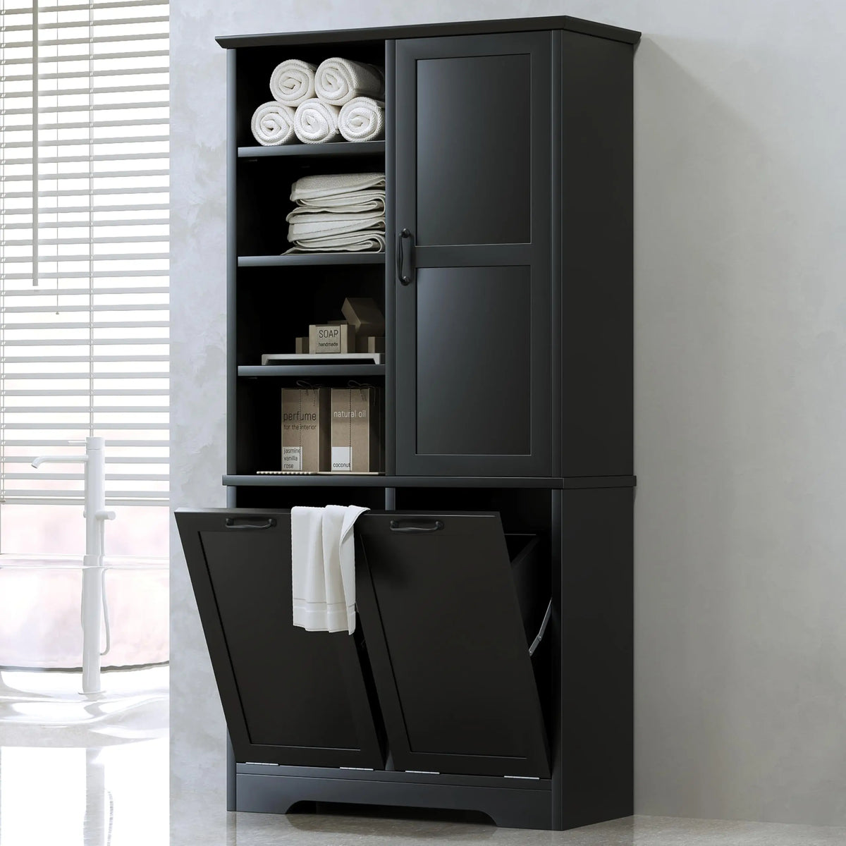 Tall Storage Cabinet with Door and Open Shelf, Multi-Functional Laundry Hamper Basket for Home Bathroom, Laundry Room, White