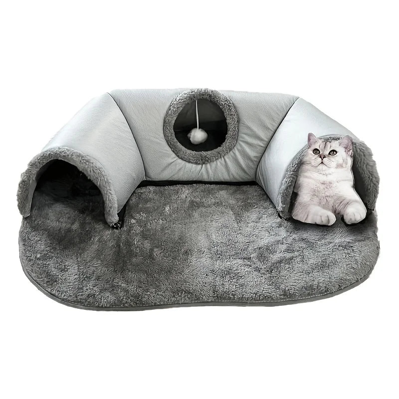 3-in-1 Cat Tunnel Bed, Convertible Play Tunnel & Warm Nest with Non-Slip Bottom, Cozy Plush Pet Mat for Cats, Rabbits