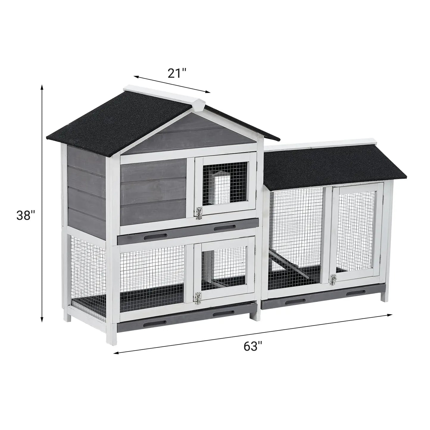 63in Bunny Hutch Indoor, Wooden Rabbit Cage 2-Tier With 3 Removable Trays, Waterproof Roof Bunny House Outdoor Coop