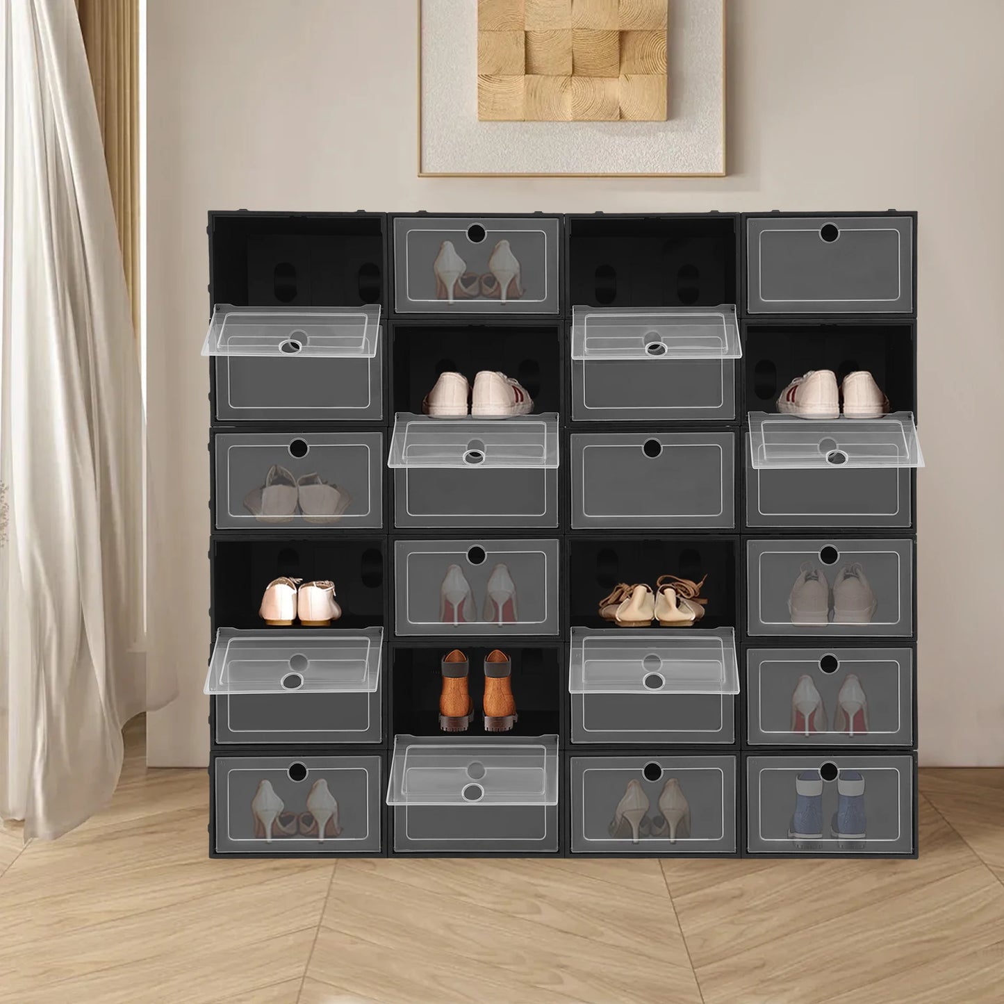 24-Pack Large Black Flip-Top Shoe Boxes - Stackable Clear Closet Organizer Storage Containers for Men & Women - Shoe Organizer