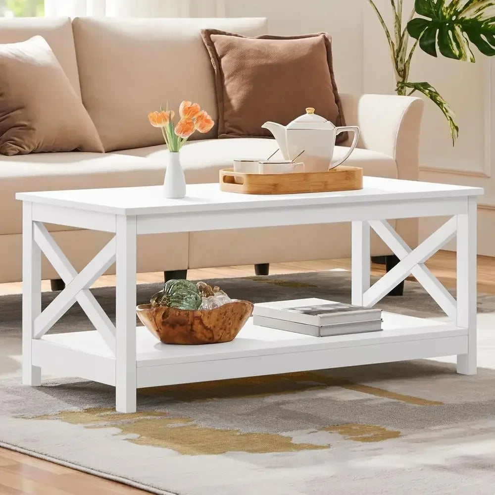 Wood 2 Tier White Coffee Table With Storage Shelves