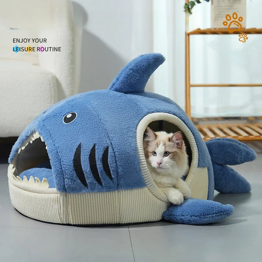 New Cartoon Shark Warm Cat Bed Pet Cave Bed Creative Indoor Pet Supplies Semi Enclosed Design Comfortable Soft in Winter Dog Bed