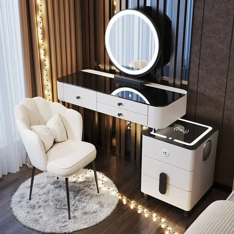 Modern Wooden Makeup Vanity With Wireless Charging And LED Mirror