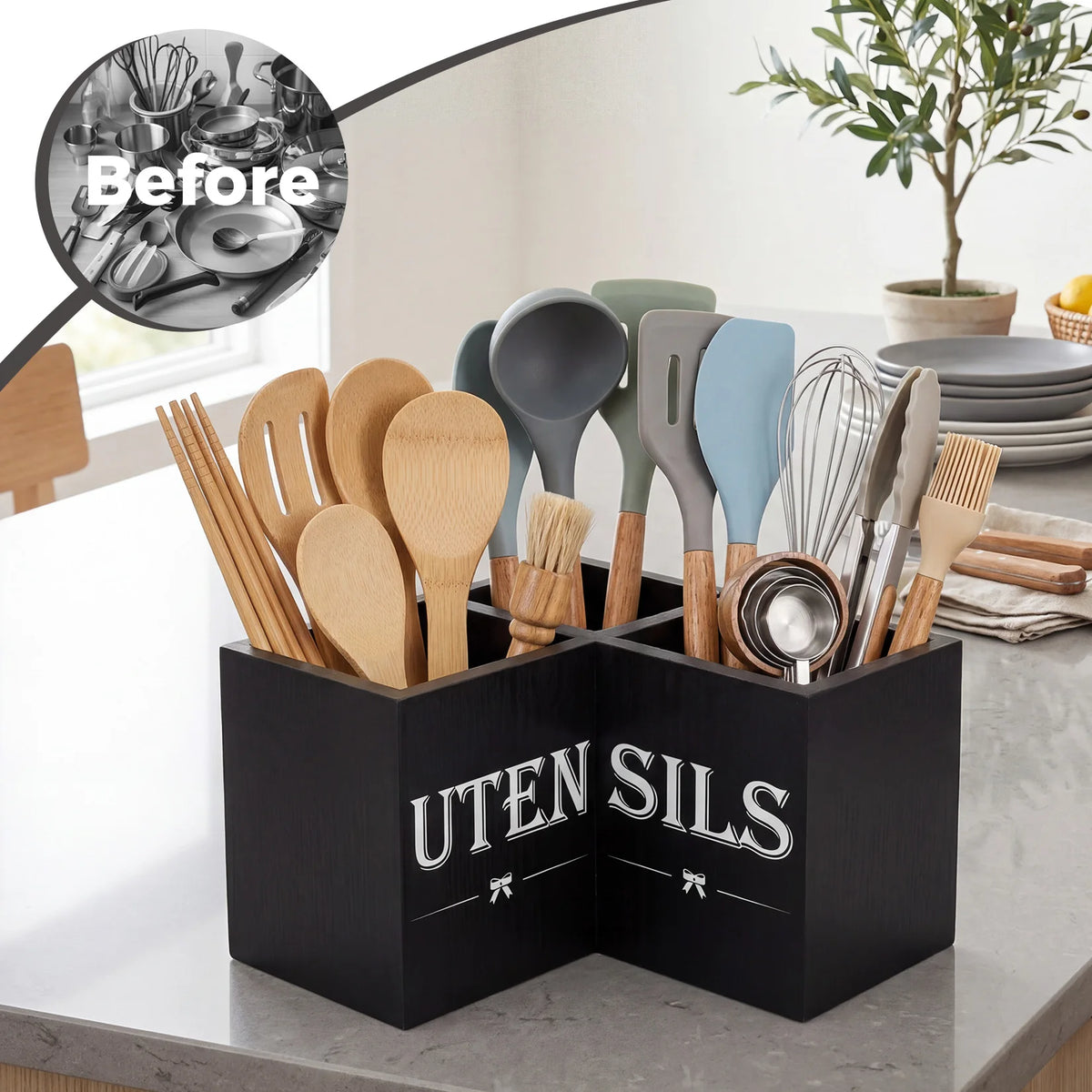 Wooden Kitchen Utensil Holder Corner Cooking Tool Organizer