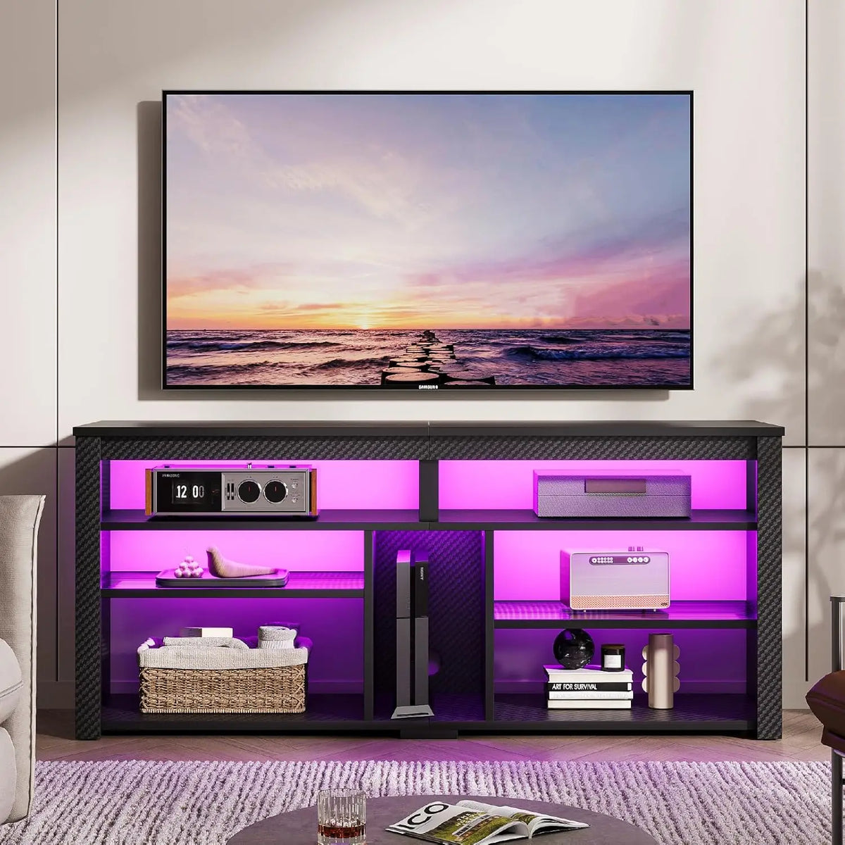 LED Tall Entertainment Center for 55/60/65 inch TV, TV Stand with Storage for PS4 Xbox, Adjustable Shelf Media, Customized