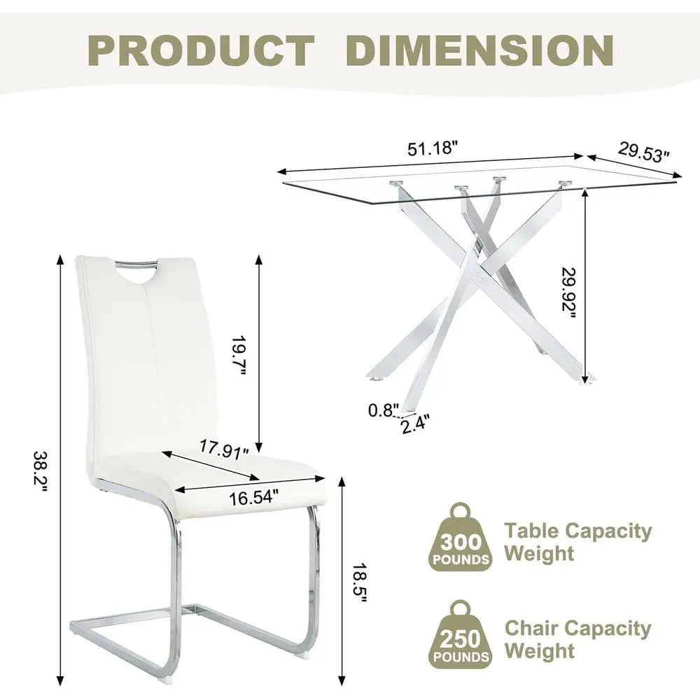 51.18" Glass Dining Table Set or 4, ern Dining Room Table Set with 4 Upholstered Leather Chairs, Space-Saving Recular Glass Tabl