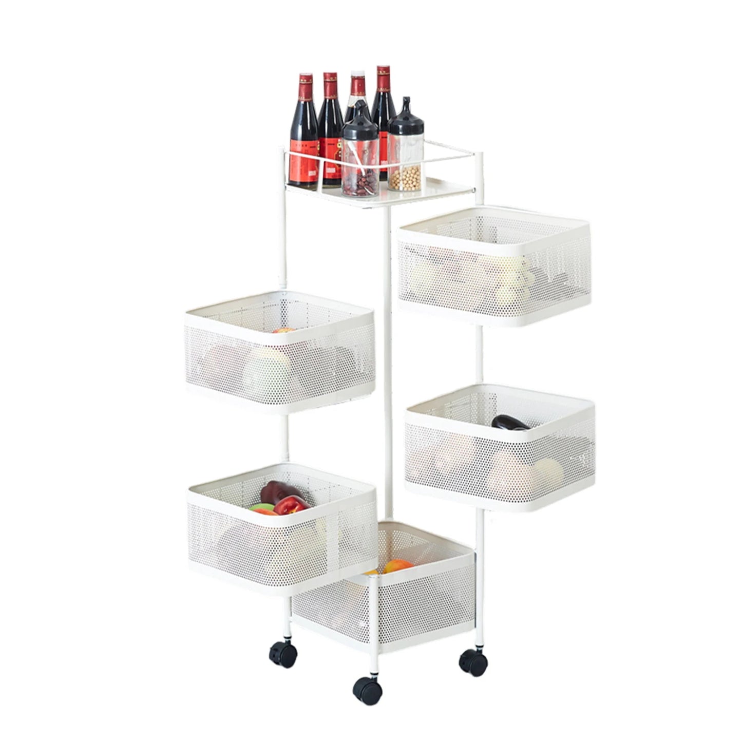 Five Layers 360 Degree Rotatable Trolley Storage Rack, Carbon Steel Storage Rack, Kitchen Vegetable Rack, Snack Storage Rack