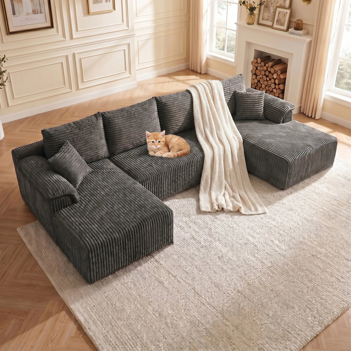 Oversized Vertical Striped Corduroy Modular Sofa, Freely Combinable U-Shaped Corner Sectional with Chaise Lounge, Luxury Cloud Deep Seat Fabric Couch, No Assembly Lazy Sofa with Throw Pillows for Living Room & Apartment, Idea