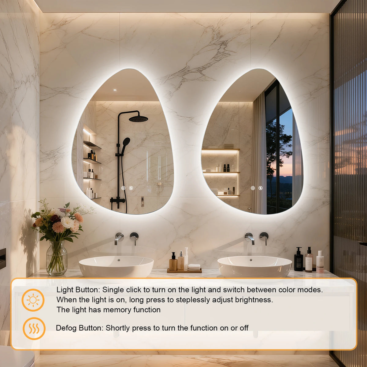Irregular LED Vanity Mirror With Touch Control And Anti Fog