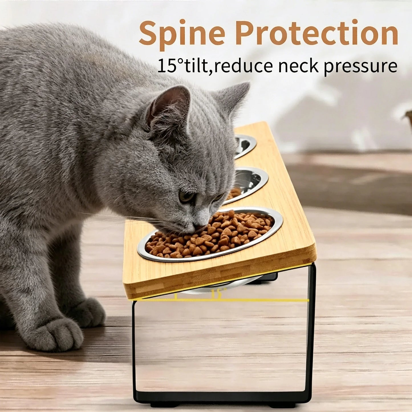 Elevated Cat Feeder Tilt 15° With Bamboo Iron Stand Bowls
